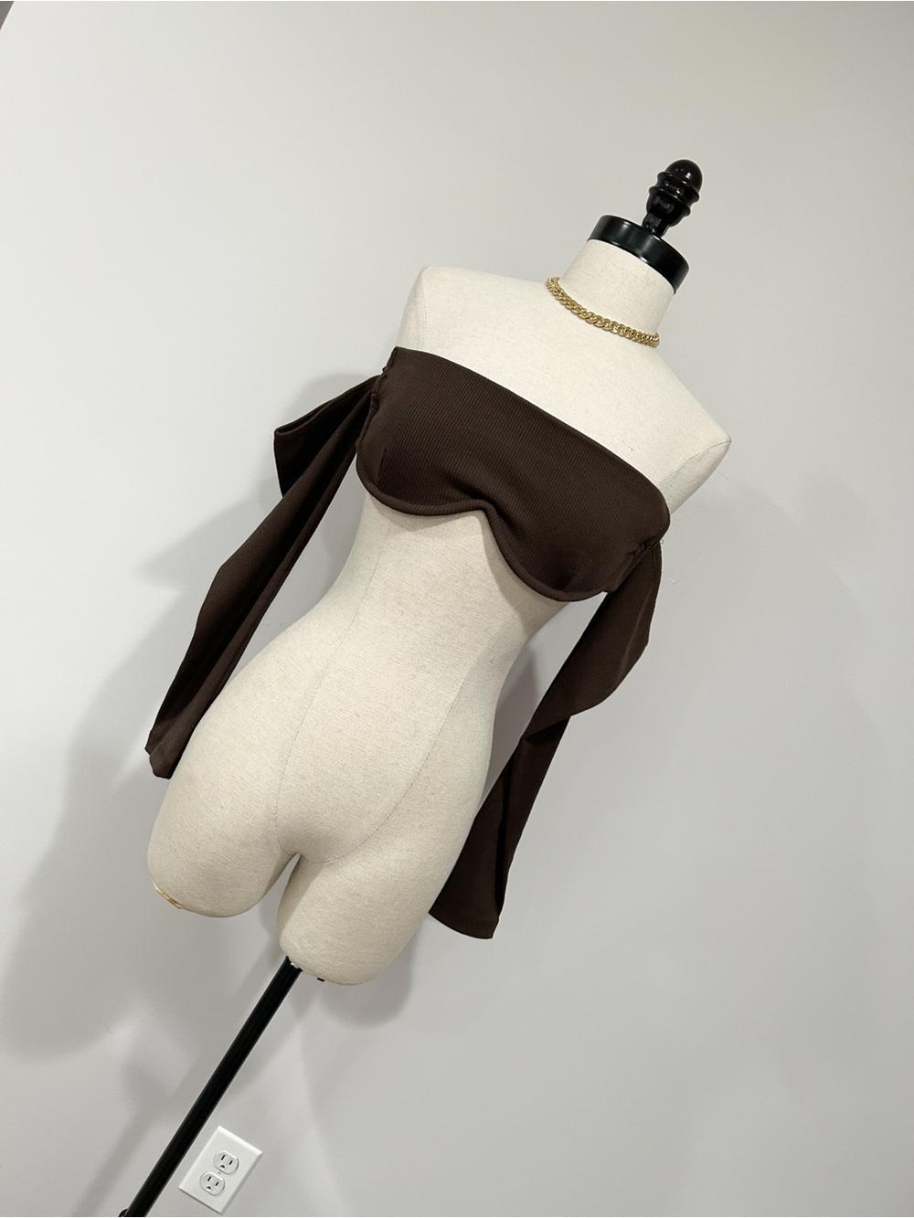 Princess Polly Chocolate Off-Shoulder Long Sleeve Crop Top